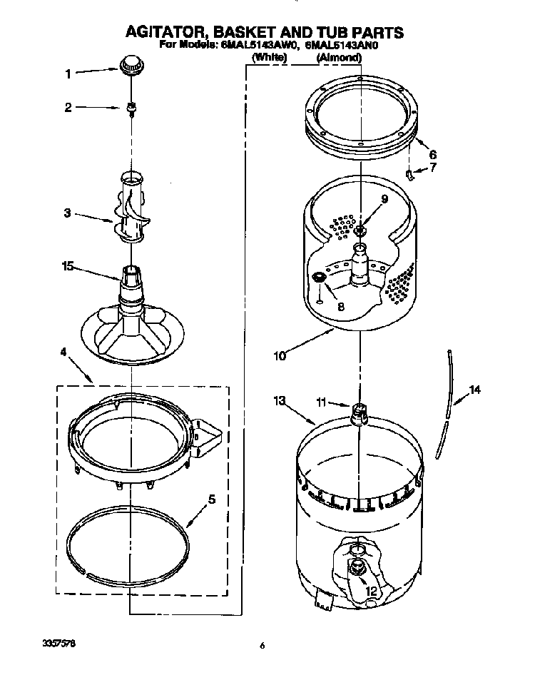 Agitator, Basket And Tub Diagram and Parts List for 6MAL5143AW0  Whirlpool Washer