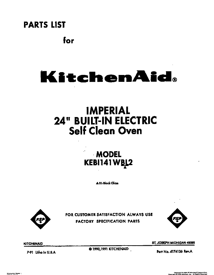 COVER Diagram and Parts List for KEBI141WBL2  KitchenAid Wall Oven