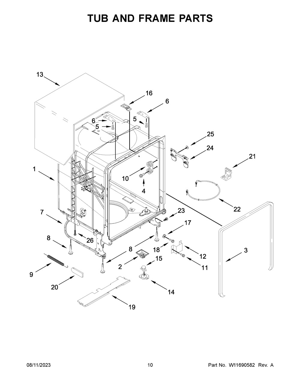 Tub And Frame Parts Diagram and Parts List for WDP730HAMZ1  Whirlpool Dishwasher