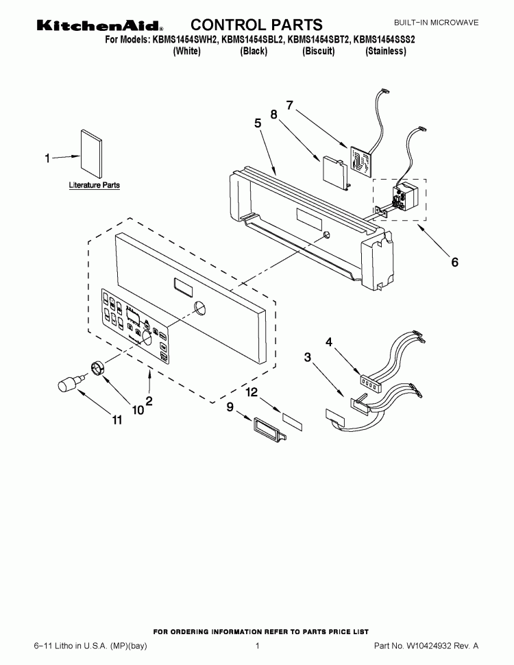 CONTROL PARTS Diagram and Parts List for KBMS1454SWH2  KitchenAid Microwave