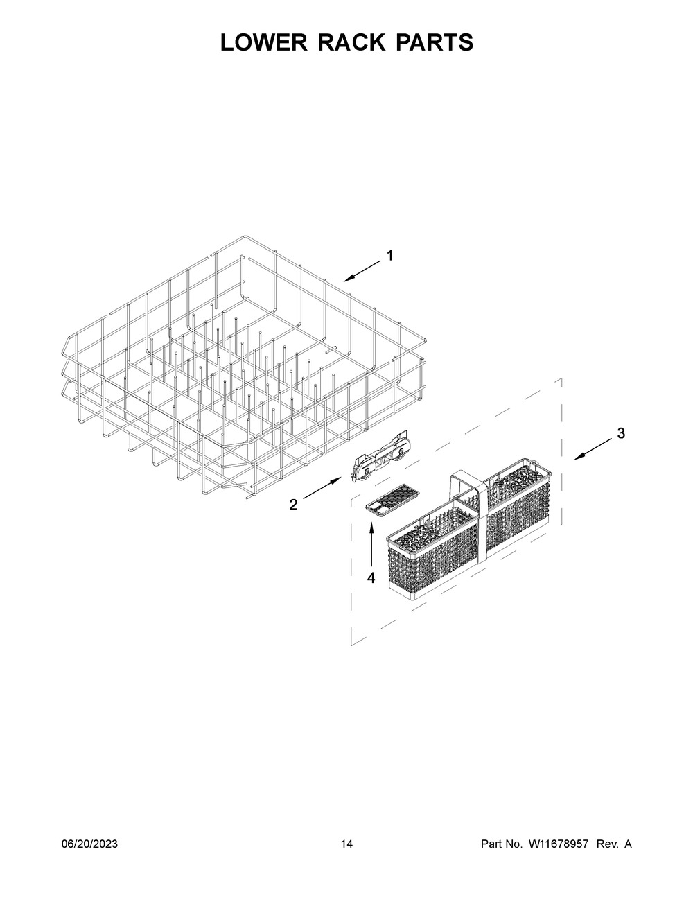 Lower Rack Parts Diagram and Parts List for KDFE104KWH2  KitchenAid Dishwasher