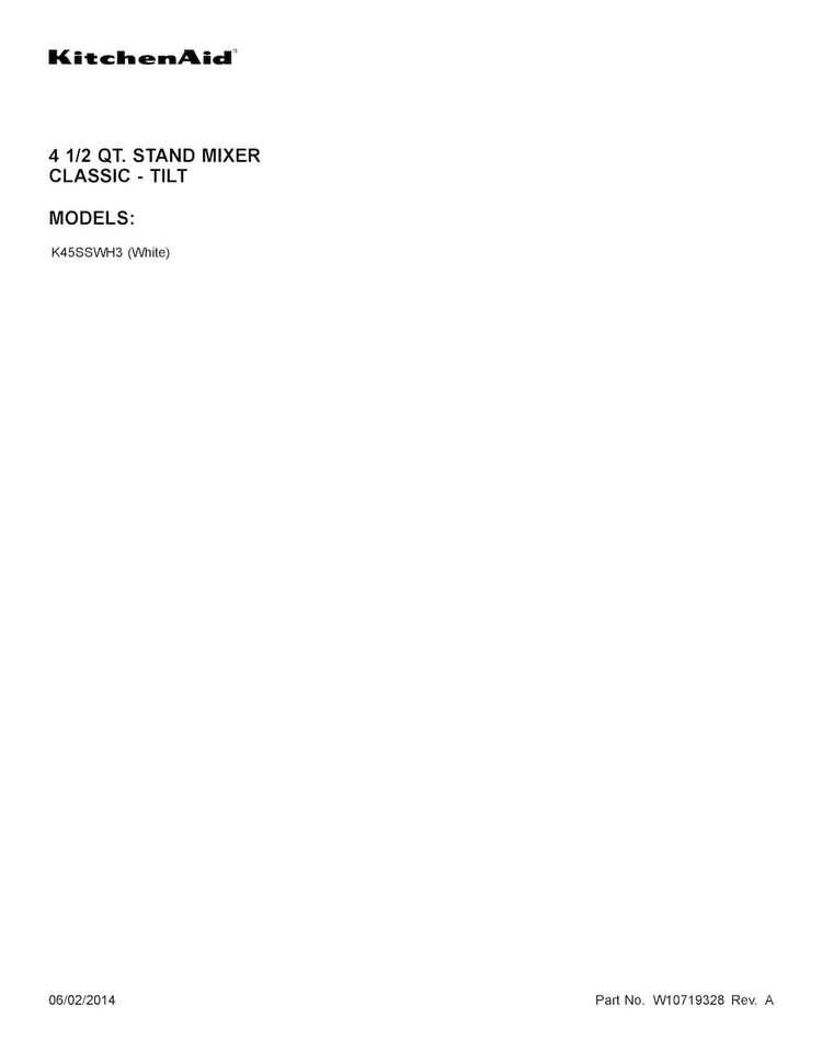 Cover Sheet Diagram and Parts List for K45SSWH3  KitchenAid Mixer