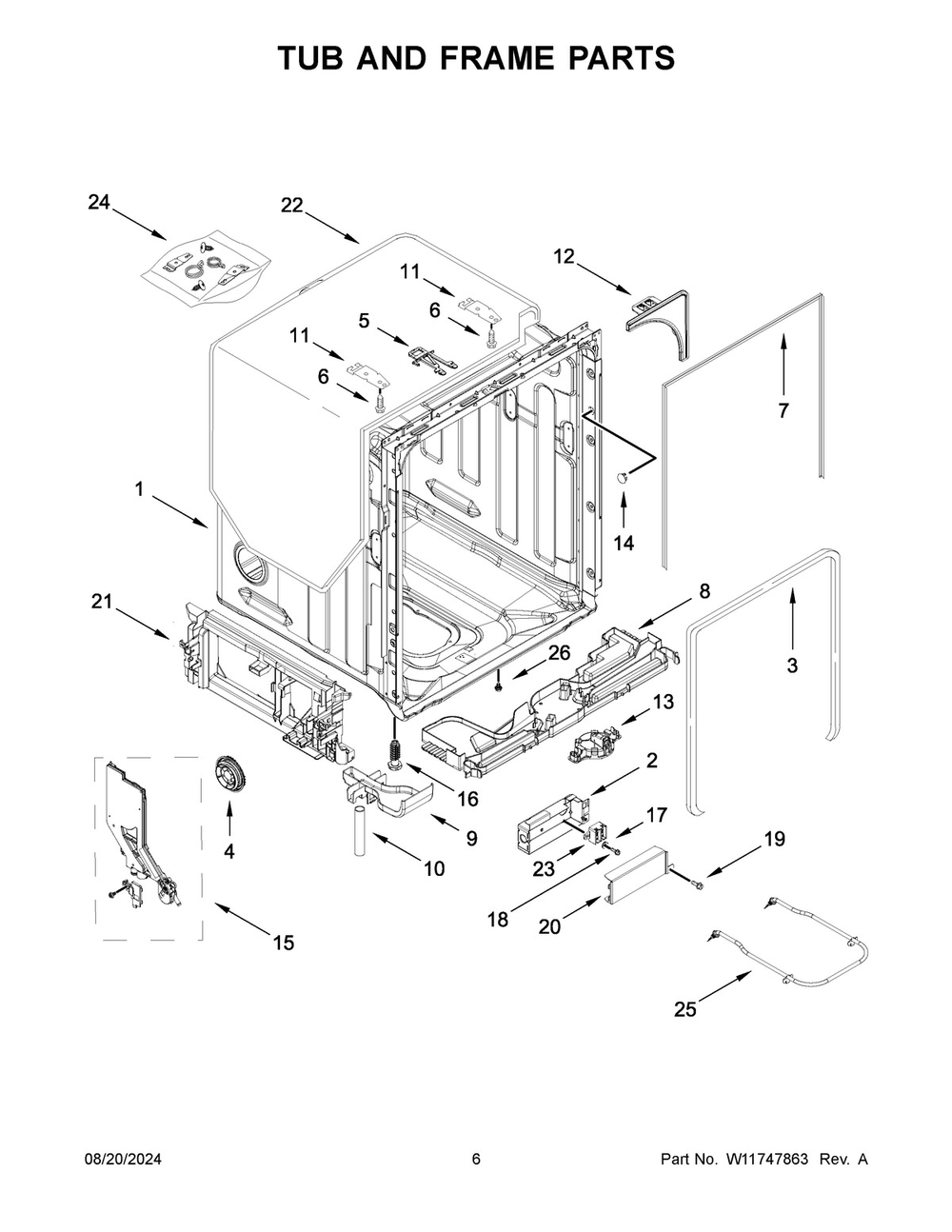 04 - Tub And Frame Parts Diagram and Parts List for KDTM704KPS3  Whirlpool Dishwasher
