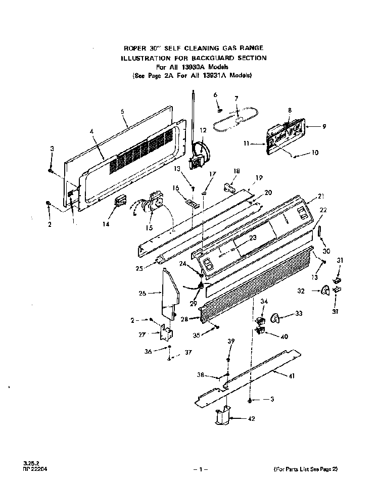 Backguard Diagram and Parts List for 1393*0A  Roper Range