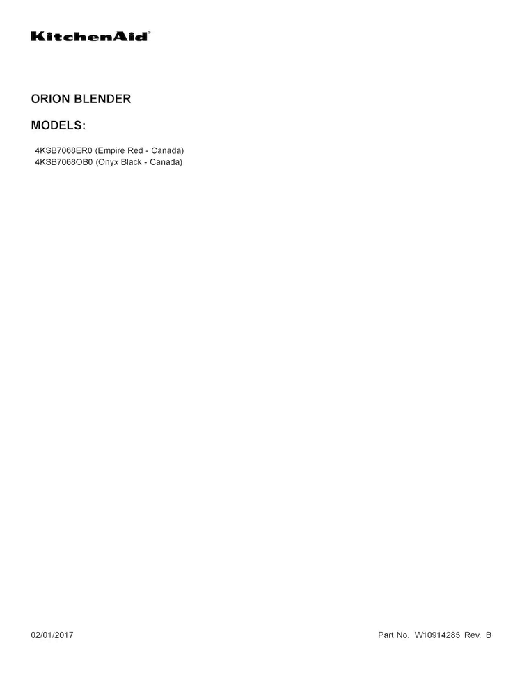 Cover Sheet Diagram and Parts List for 4KSB7068OB0  KitchenAid Blender