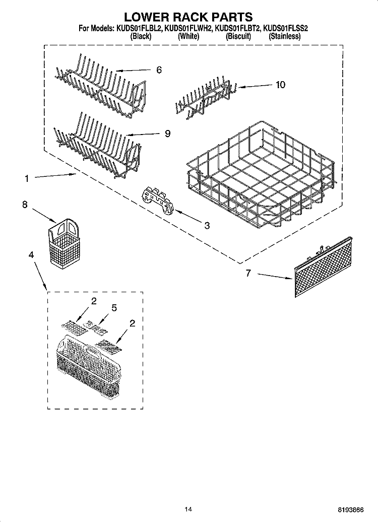 LOWER RACK PARTS Diagram and Parts List for KUDS01FLBL2  KitchenAid Dishwasher