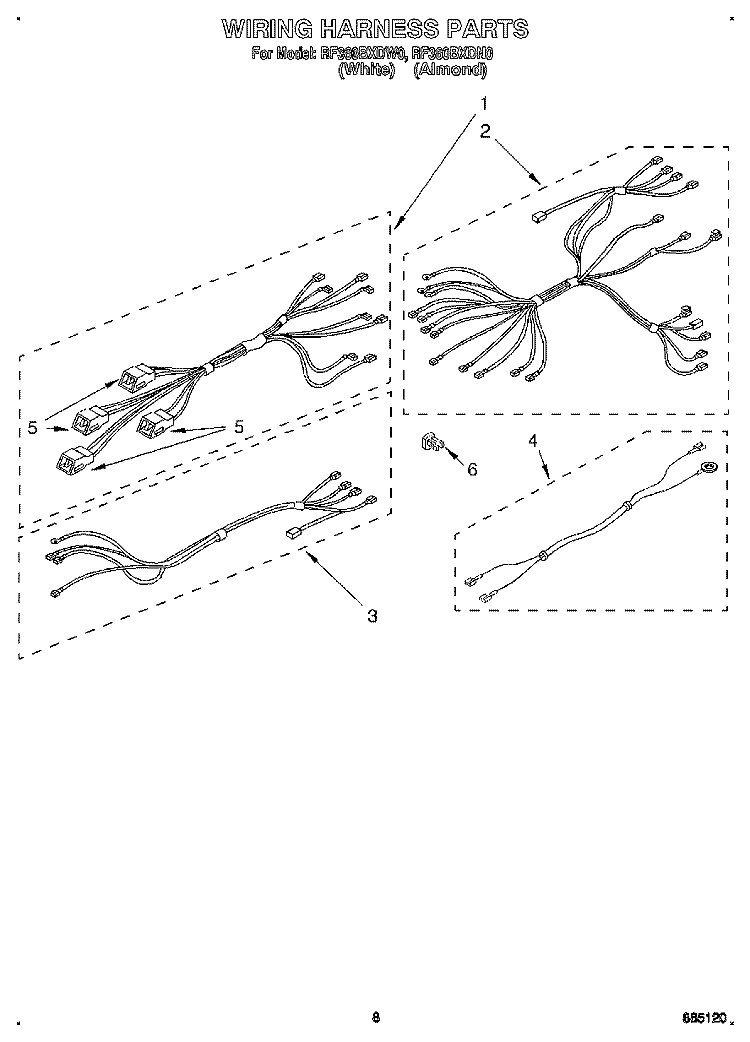 WIRING HARNESS Diagram and Parts List for RF360BXDN0  Whirlpool Range