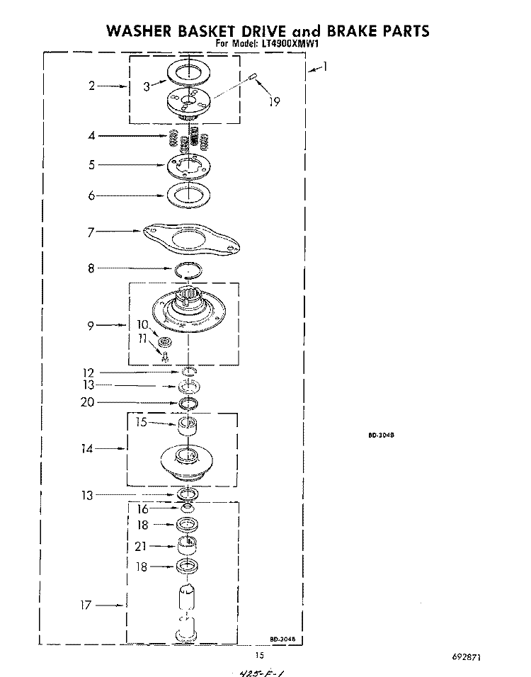WASHER BASKET DRIVE AND BRAKE Diagram and Parts List for LT4900XMW1  Whirlpool Washer Dryer Combo