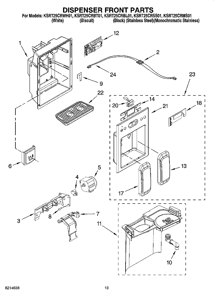 DISPENSER FRONT PARTS Diagram and Parts List for KSRT25CRMS01  KitchenAid Refrigerator