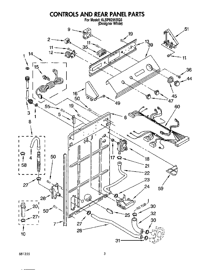 CONTROLS AND REAR PANEL Diagram and Parts List for 6LSP8255BQ3  Whirlpool Washer