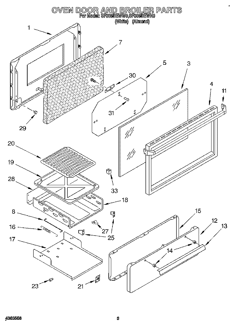 OVEN DOOR AND BROILER Diagram and Parts List for SF305BEWW0  Whirlpool Range
