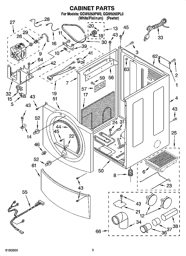 CABINET PARTS Diagram and Parts List for GGW9260PL0  Whirlpool Dryer