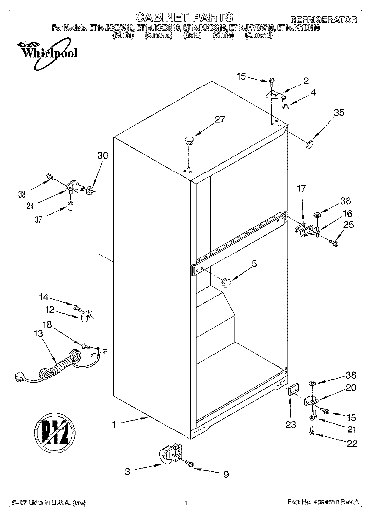CABINET Diagram and Parts List for ET14JKYDN10  Whirlpool Refrigerator