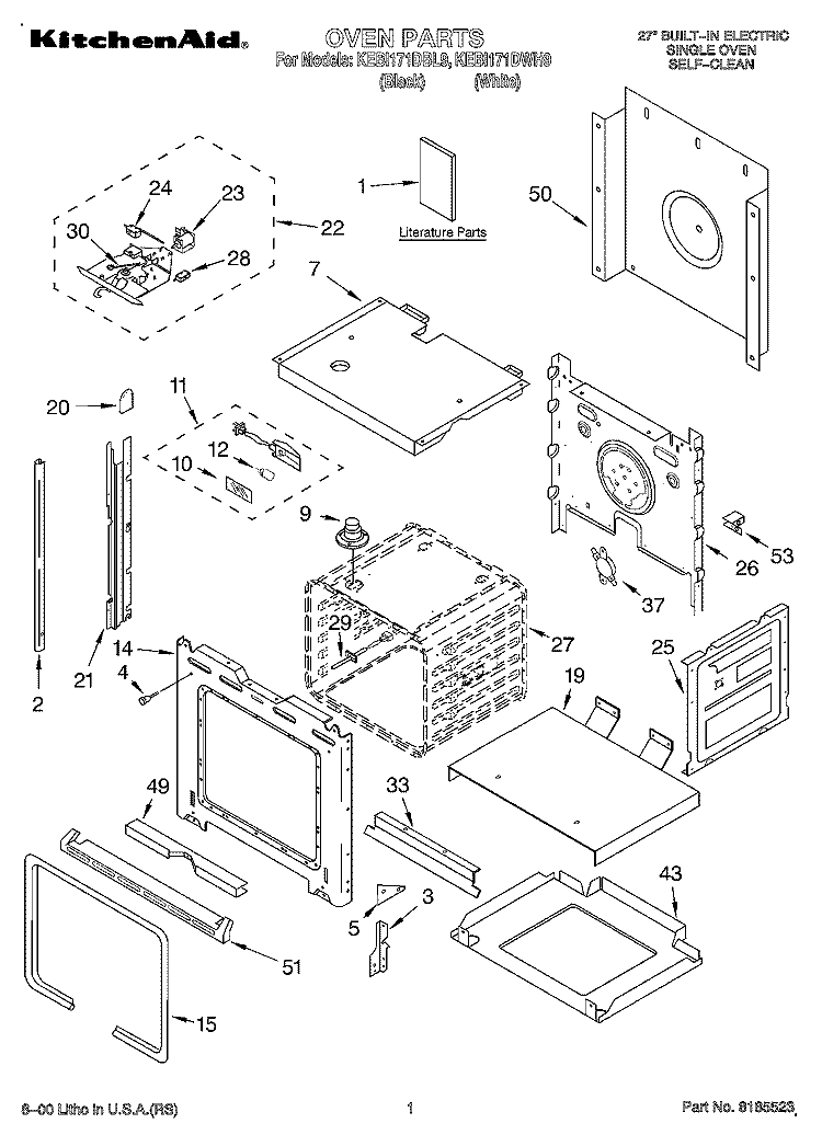 OVEN, LITERATURE Diagram and Parts List for KEBI171DWH9  KitchenAid Wall Oven