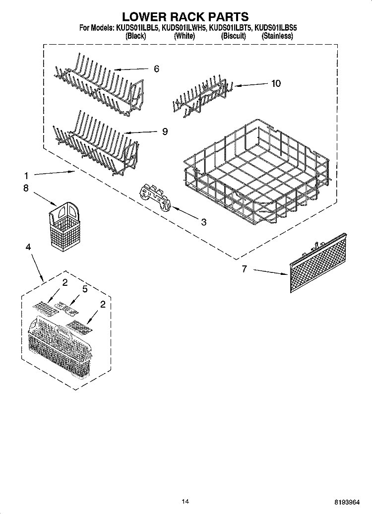 LOWER RACK PARTS, OPTIONAL PARTS (NOT INCLUDED) Diagram and Parts List for KUDS01ILBT5  KitchenAid Dishwasher