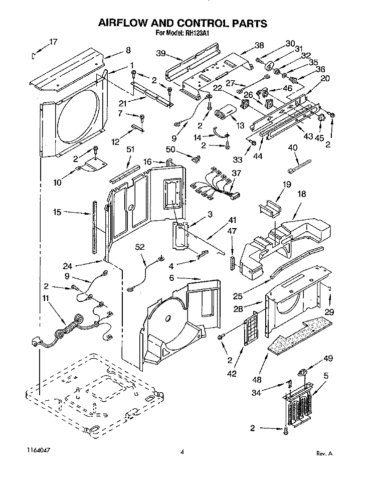 AIRFLOW AND CONTROL Diagram and Parts List for RH123A1  Whirlpool Air Conditioner