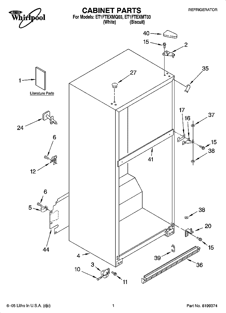 CABINET PARTS Diagram and Parts List for ET1FTEXMQ03  Whirlpool Refrigerator