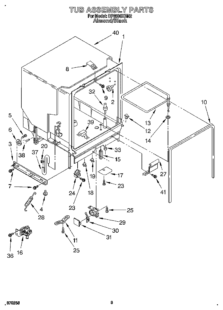 TUB ASSEMBLY Diagram and Parts List for DP8500XBN2  Whirlpool Dishwasher