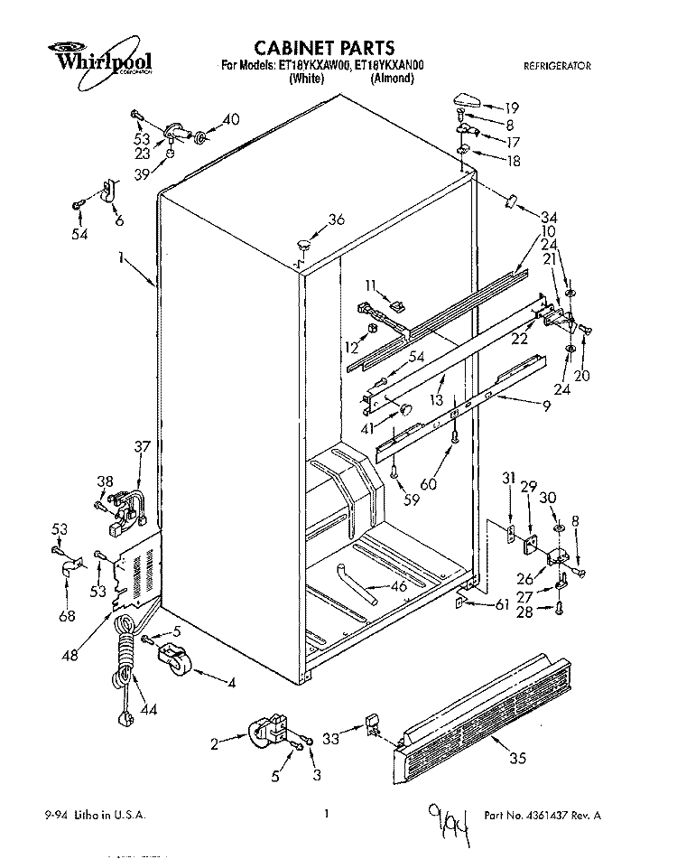 CABINET Diagram and Parts List for ET18YKXAW00  Whirlpool Refrigerator