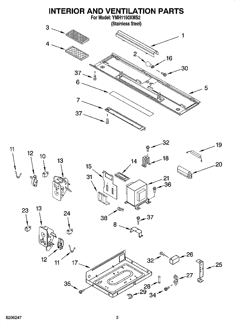 INTERIOR AND VENTILATION PARTS Diagram and Parts List for YMH1150XMS2  Whirlpool Microwave
