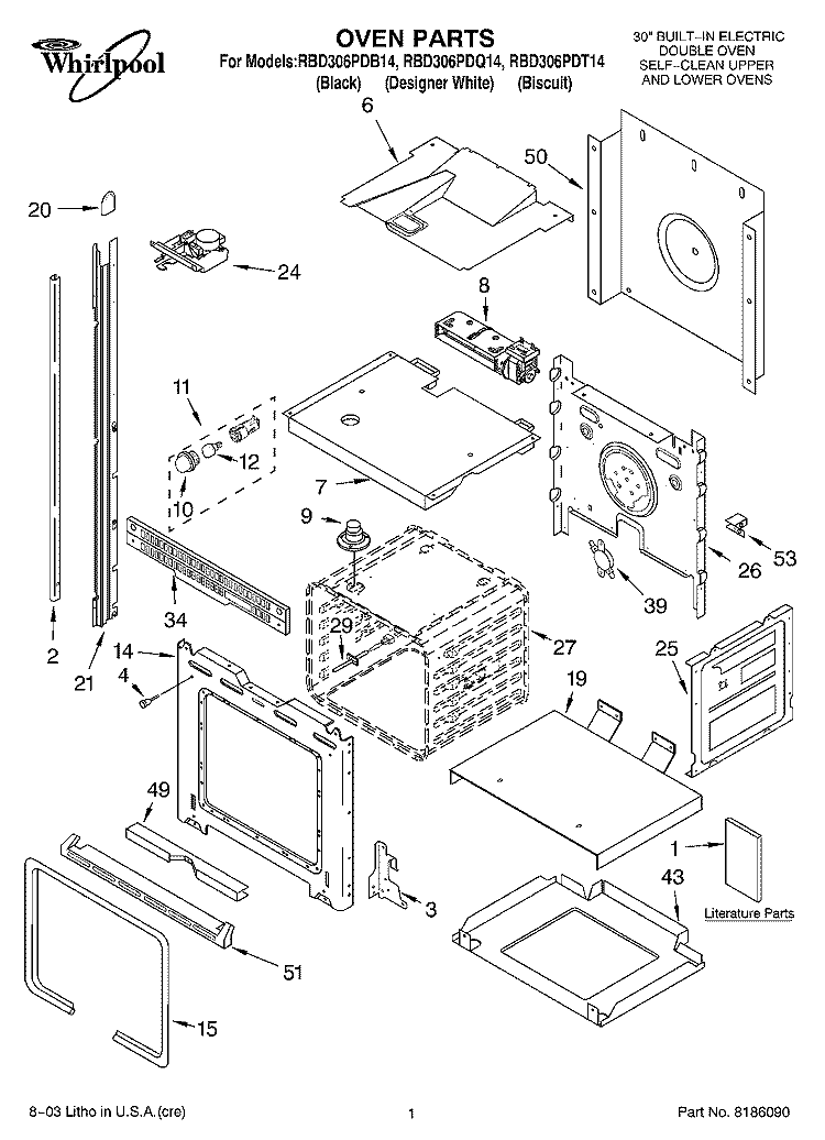 OVEN PARTS Diagram and Parts List for RBD306PDB14  Whirlpool Wall Oven