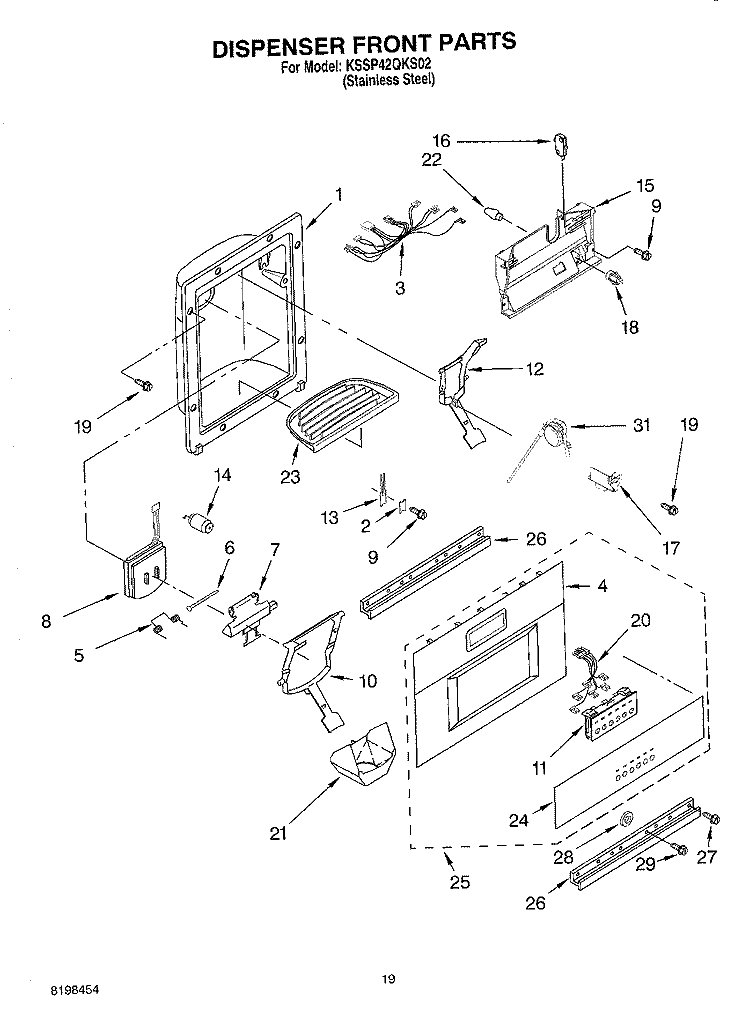 DISPENSER AND FRONT PARTS Diagram and Parts List for KSSP42QKS02  KitchenAid Refrigerator