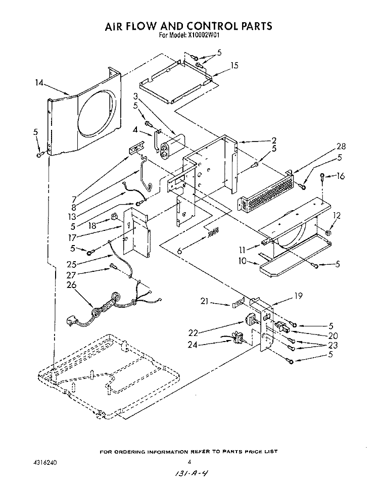 AIRFLOW AND CONTROL Diagram and Parts List for X10002W01  Roper Air Conditioner