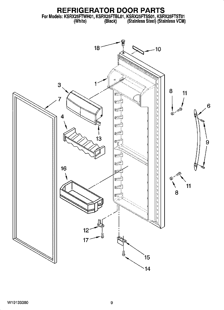 REFRIGERATOR DOOR PARTS Diagram and Parts List for KSRX25FTSS01  KitchenAid Refrigerator