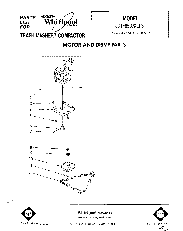 MOTOR AND DRIVE, LIT/OPTIONAL Diagram and Parts List for JJTF8500XLP5  Whirlpool Trash Compactor
