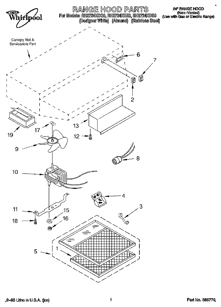 SECTION Diagram and Parts List for RH2724XDZ0  Whirlpool Range Hood
