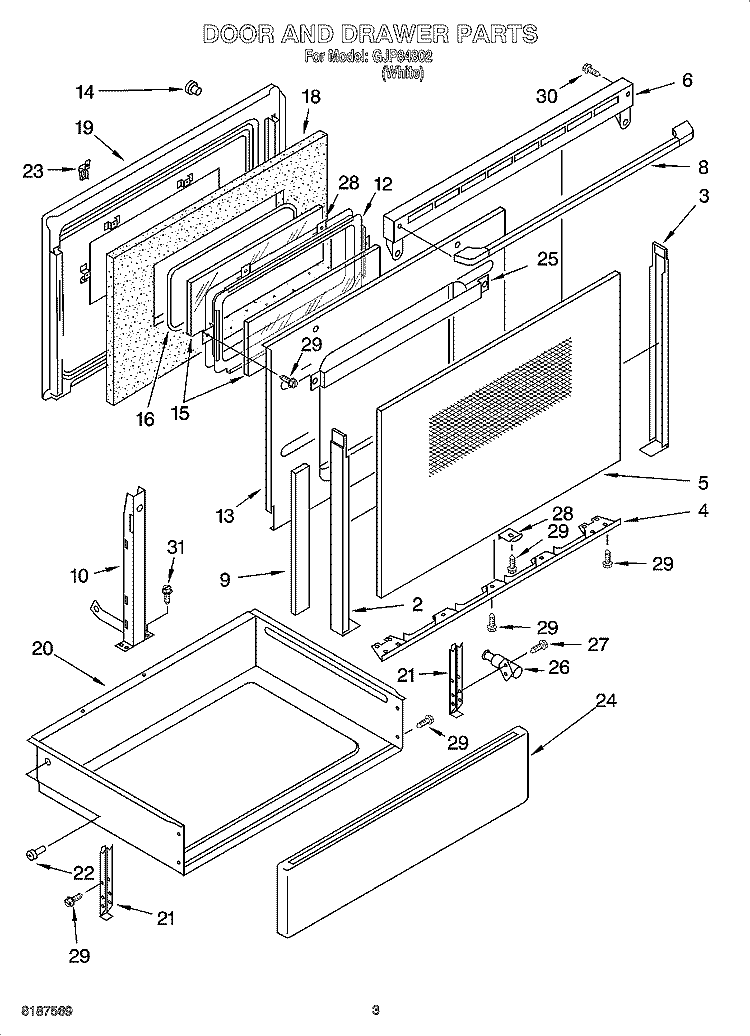 DOOR AND DRAWER PARTS Diagram and Parts List for GJP84802  Whirlpool Range