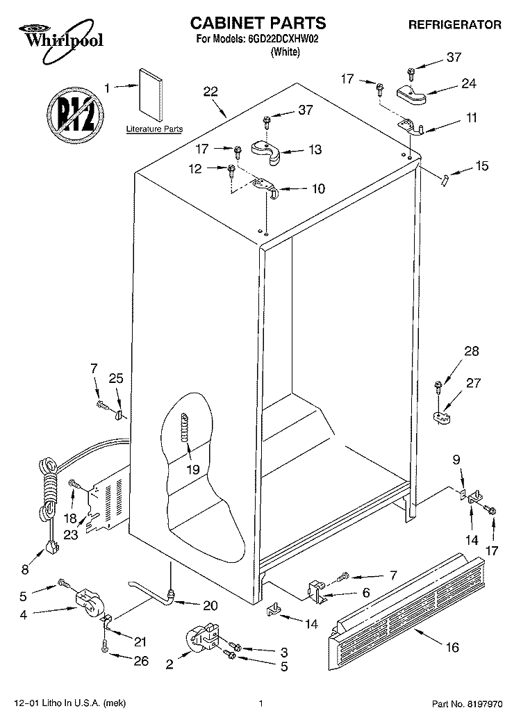 CABINET, LITERATURE Diagram and Parts List for 6GD22DCXHW02  Whirlpool Refrigerator