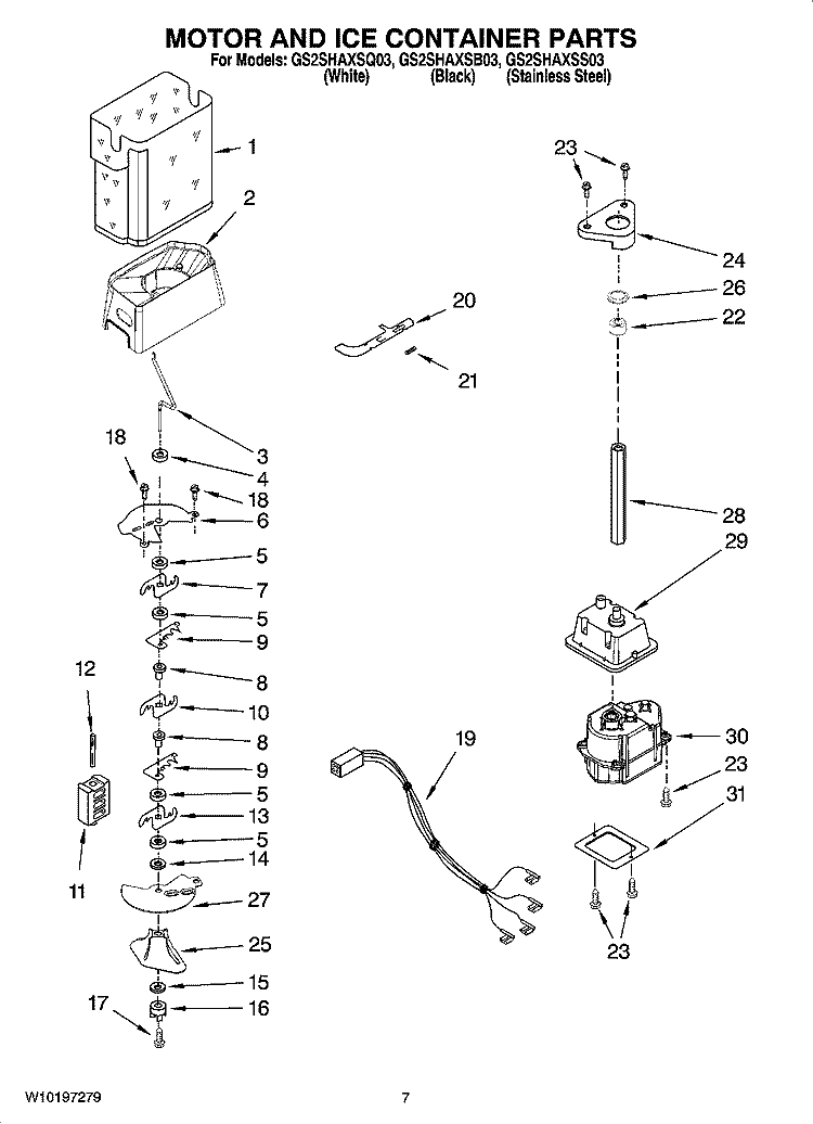 MOTOR AND ICE CONTAINER PARTS Diagram and Parts List for GS2SHAXSS03  Whirlpool Refrigerator