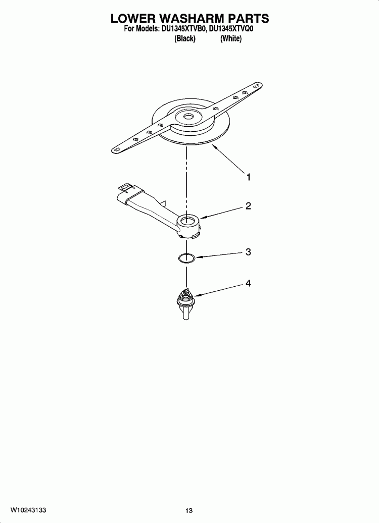 LOWER WASHARM PARTS, OPTIONAL PARTS (NOT INCLUDED) Diagram and Parts List for DU1345XTVB0  Whirlpool Dishwasher