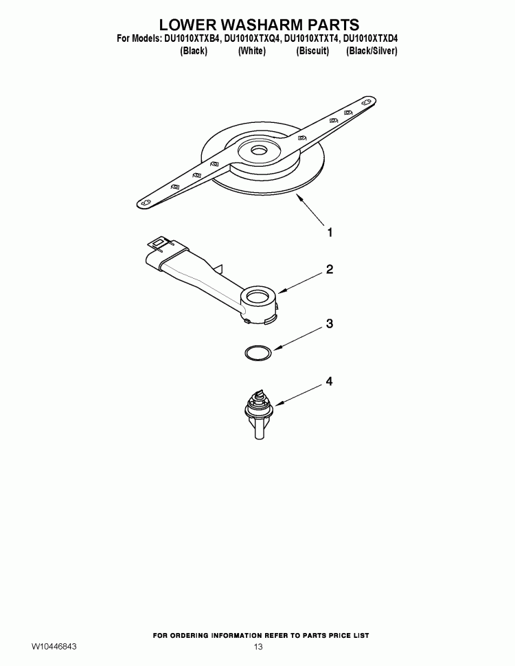 LOWER WASHARM PARTS Diagram and Parts List for DU1010XTXD4  Whirlpool Dishwasher