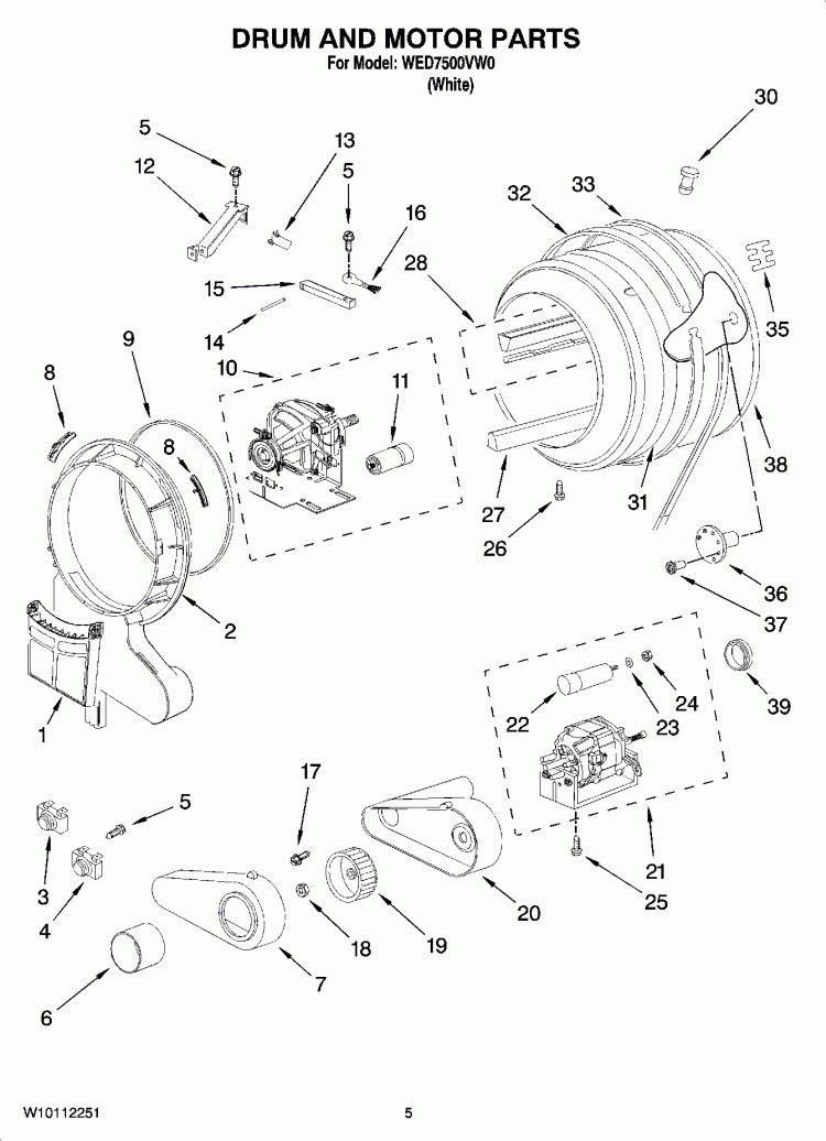 Drum And Motor Parts, Optional Parts (Not Included) Diagram and Parts List for WED7500VW0  Whirlpool Dryer