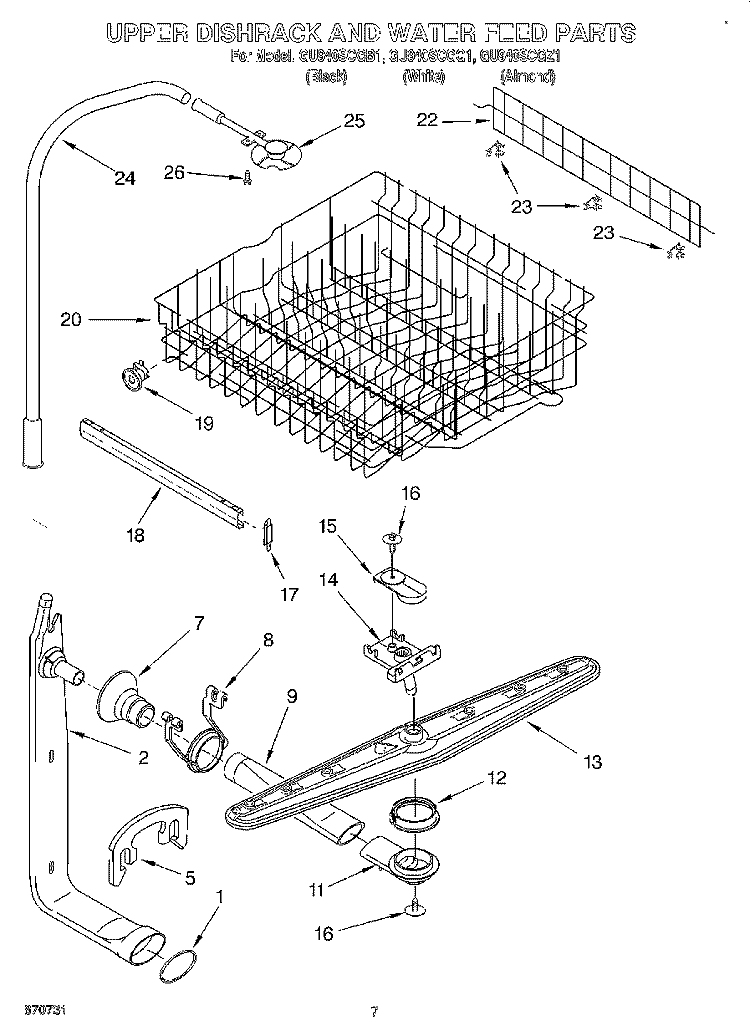 UPPER DISHRACK AND WATER FEED Diagram and Parts List for GU940SCGZ1  Whirlpool Dishwasher