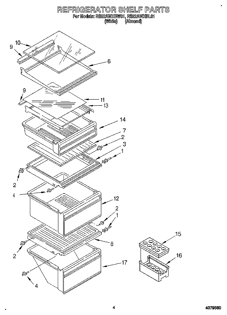 REFRIGERATOR SHELF Diagram and Parts List for RS22AWXBW01  Roper Refrigerator