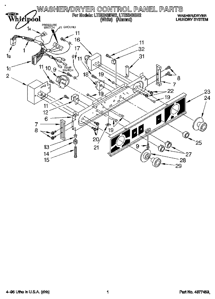 WASHER/DRYER CONTROL PANEL Diagram and Parts List for LTE5243BW2  Whirlpool Washer Dryer Combo