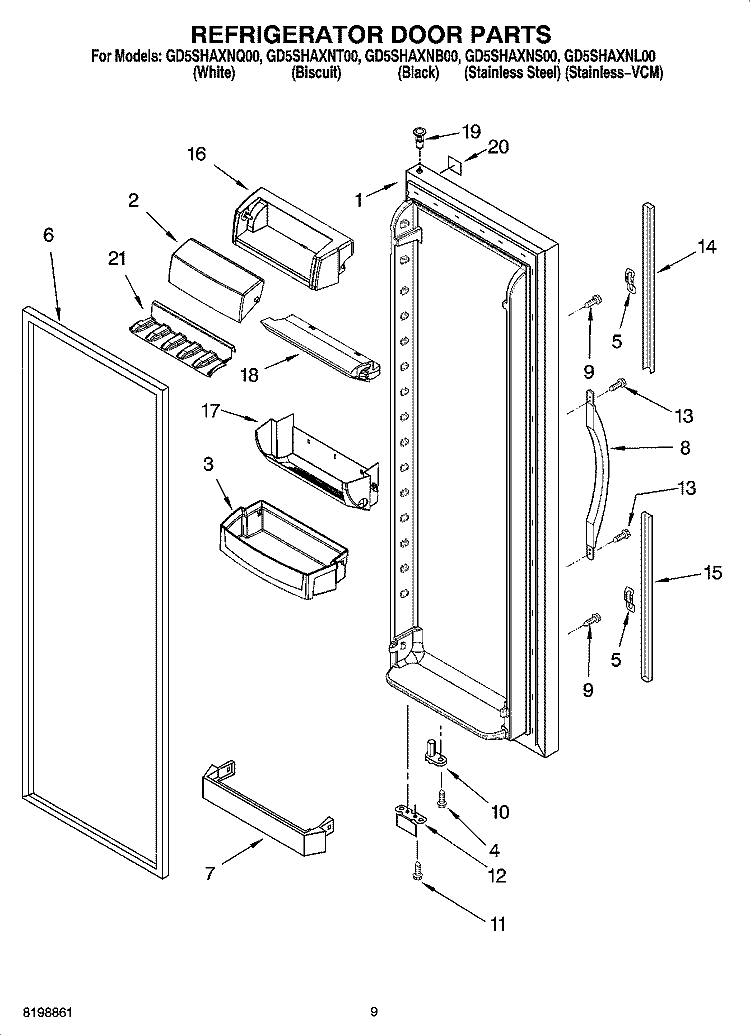 REFRIGERATOR DOOR PARTS Diagram and Parts List for GD5SHAXNS00  Whirlpool Refrigerator