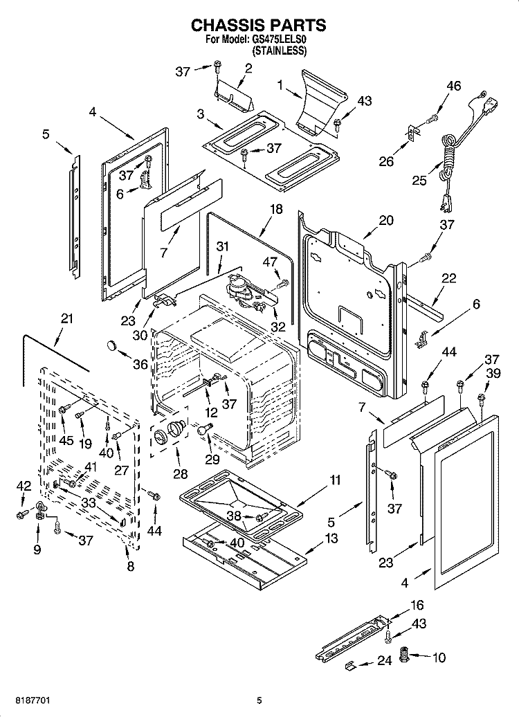 CHASSIS PARTS Diagram and Parts List for GS475LELS0  Whirlpool Range