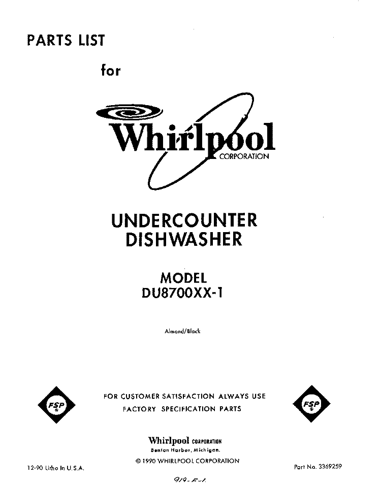 FRONT PAGE Diagram and Parts List for DU8700XX1  Whirlpool Dishwasher