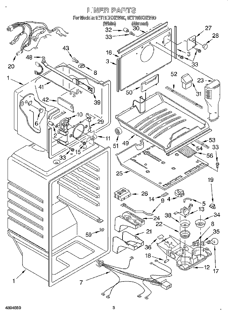 LINER Diagram and Parts List for 9ET19DKXEN00  Whirlpool Refrigerator