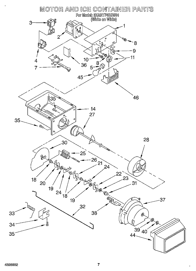 MOTOR AND ICE CONTAINER Diagram and Parts List for 3XART745GW01  Whirlpool Refrigerator
