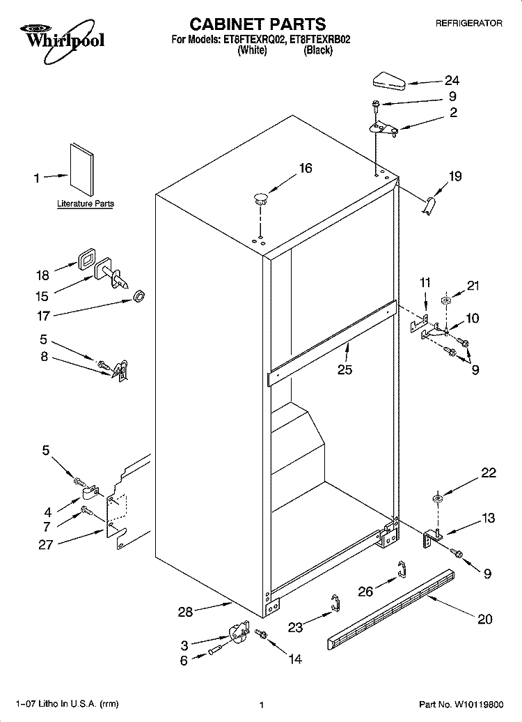 CABINET PARTS Diagram and Parts List for ET8FTEXRB02  Whirlpool Refrigerator