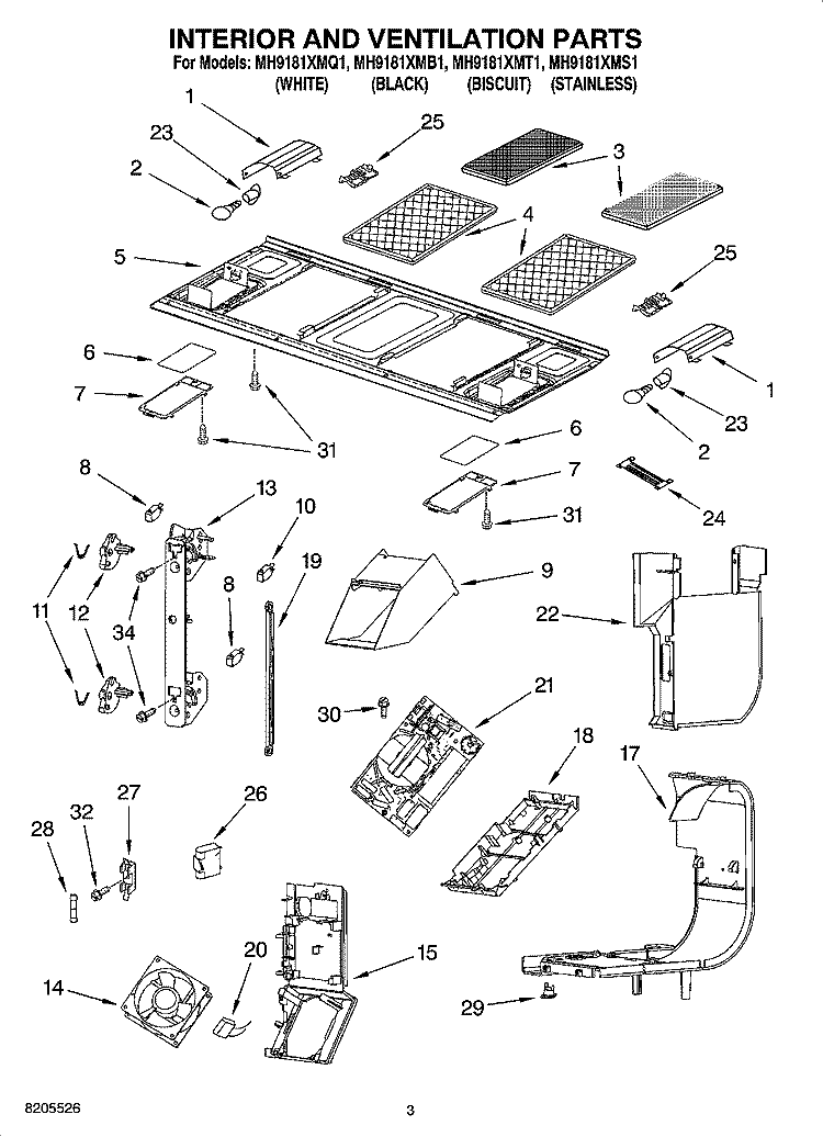INTERIOR AND VENTILATION PARTS Diagram and Parts List for MH9181XMB1  Whirlpool Microwave