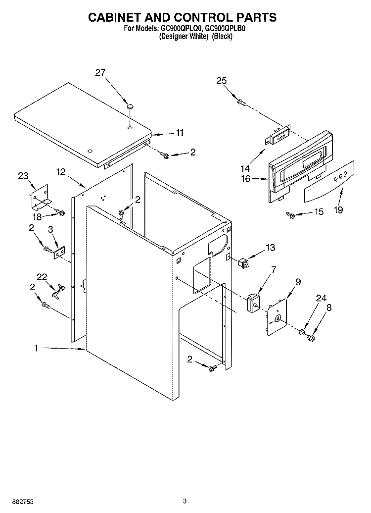 CABINET AND CONTROL Diagram and Parts List for GC900QPLB0  Whirlpool Trash Compactor