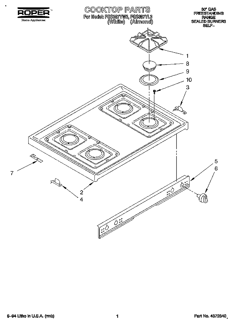 COOKTOP Diagram and Parts List for FGS387YW3  Roper Range