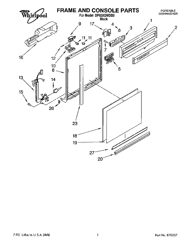 FRAME AND CONSOLE Diagram and Parts List for DP920QWDB0  Whirlpool Dishwasher
