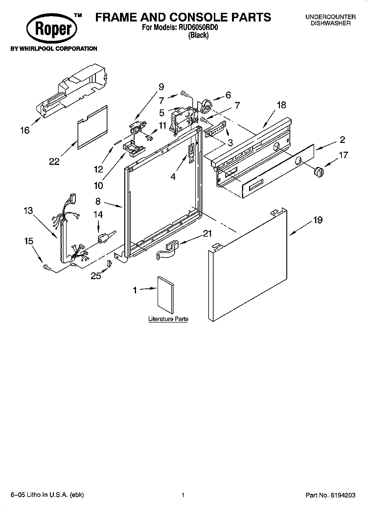 FRAME AND CONSOLE PARTS Diagram and Parts List for RUD6050RD0  Roper Dishwasher